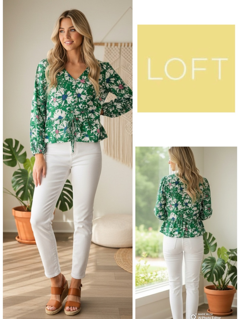 LOFT Green Floral V-Neck Tie-Waist Peplum Blouse